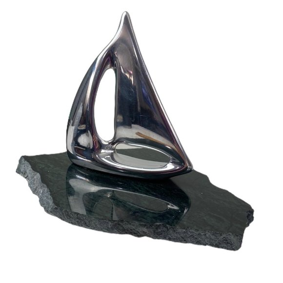 Vintage Hoselton Sculptures Modern Cast Aluminum Sail Boat on Marble Base - Picture 2 of 5